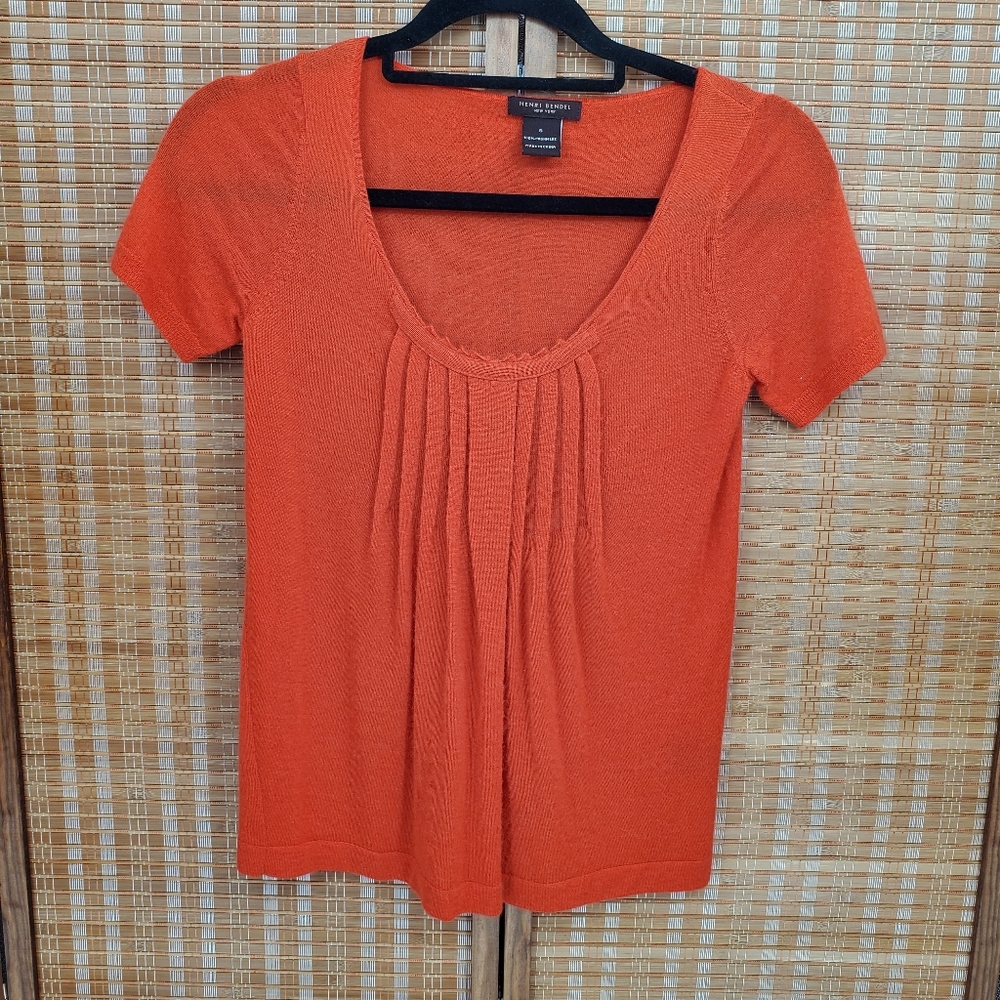 ♡ Henri Bendel Orange Cashmere Pleated Scoopneck Short Sleeve Sweater Size Small